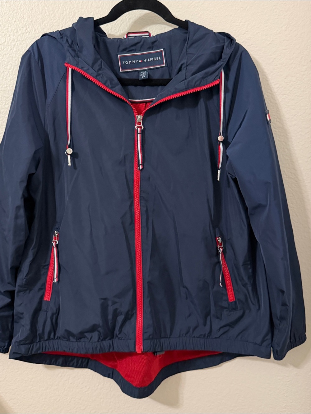 Tommy Hilfiger Navy Hooded Windbreaker Jacket with Red Trim